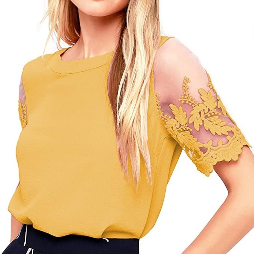 Shy Velvet Lace Sleeve Mustard Yellow Top